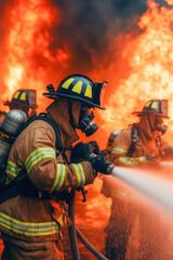 Firefighter team extinguishing a massive fire with water hose