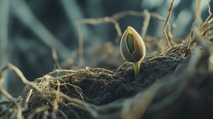 Canvas Print - A close-up of a budding plant emerging from soil, showcasing nature's growth and renewal.