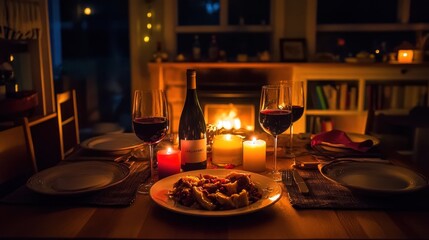 Poster - A cozy dinner setting with wine, candles, and a warm fireplace creates an inviting atmosphere.