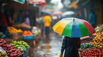 Wall Mural - A vibrant market scene under rain, with a person holding a colorful umbrella amidst fresh produce.