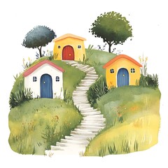 Wall Mural - Watercolor Illustration of Three Houses on a Hill with Stone Steps.