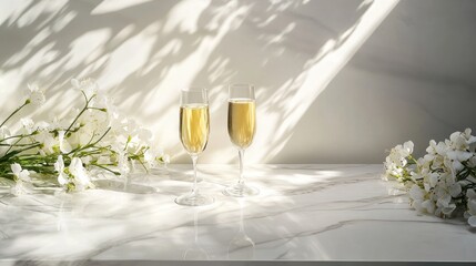 Poster - Two champagne glasses on a marble surface, surrounded by white flowers and soft shadows.