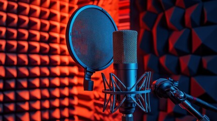 Wall Mural - A studio microphone with a pop filter in a soundproof environment.