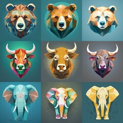 Poster - Nine polygonal animal heads, three bears, three bulls, and three elephants.