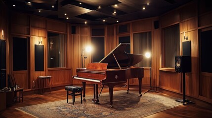 Sticker - A grand piano in a warmly lit recording studio, designed for music creation and performance.