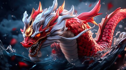 Wall Mural - Fierce Red Dragon in Water - Chinese Mythology Art