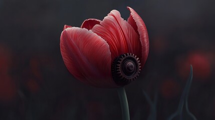 Wall Mural - Steampunk Red Tulip with Gear - Surreal Floral Art