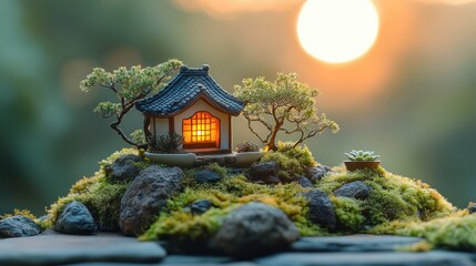 Canvas Print - Miniature house surrounded by moss and rocks at sunset.