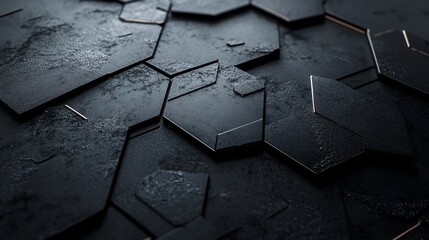 Wall Mural - Abstract hexagonal pattern of black textured metal with golden edges.