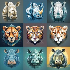 Poster - Geometric animal illustrations in a grid format, featuring a rhino, cheetah, and hippopotamus.