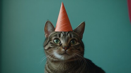 Sticker - A cat wearing an orange party hat against a teal background, celebrating a festive occasion.