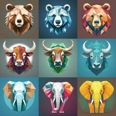 Poster - Geometric animal illustrations featuring bears, bulls, and elephants in vibrant colors.