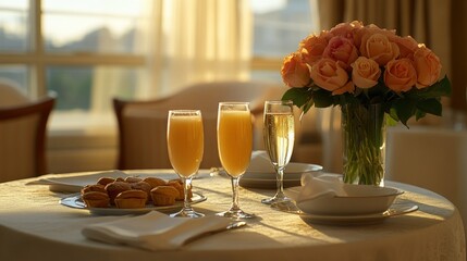 Canvas Print - A beautifully arranged table with drinks, pastries, and flowers, perfect for a celebration.