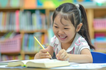 A cheerful young girl focuses intently on her drawing as she colors in her notebook. Her bright smile reflects the joy of learning in a lively classroom setting.