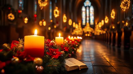 Canvas Print - Candles illuminate the aisle of a church decorated for Christmas, with a bible open on the floor.