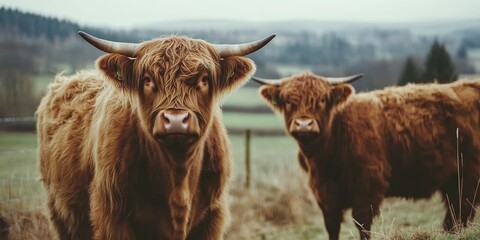 group of highland cattle standing on farm