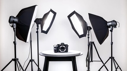 Poster - A photography setup featuring lights and a camera on a table against a plain background.