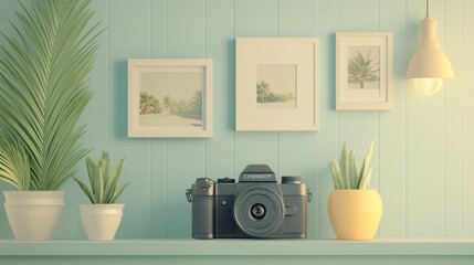 Canvas Print - A cozy shelf featuring a camera, plants, and framed pictures against a pastel wall.