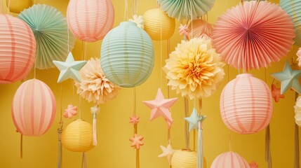 Poster - Colorful paper decorations hanging against a bright yellow background for a festive atmosphere.