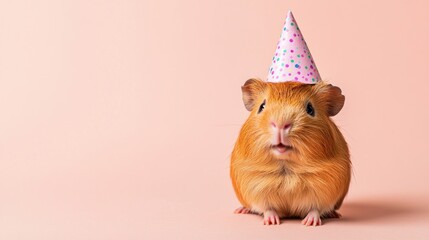 Wall Mural - A cute guinea pig wearing a colorful party hat against a pink background.