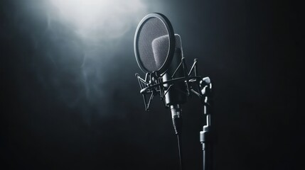 Poster - A studio microphone stands against a dark, smoky background, symbolizing audio recording.