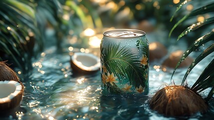 Poster - A refreshing can of beverage with tropical design, surrounded by coconuts and lush foliage.