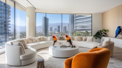 Sticker - Modern living room with large windows, featuring colorful parrots and a stylish design.