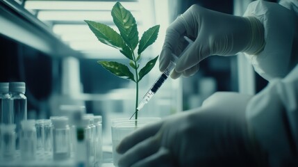 Canvas Print - A scientist injecting a plant in a lab setting, highlighting research in botany or genetics.