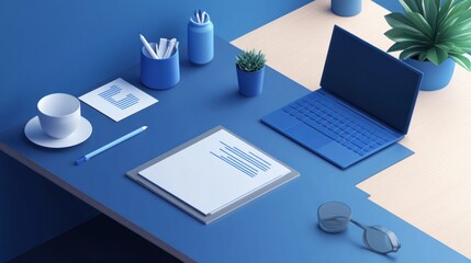 Poster - A modern workspace featuring a laptop, stationery, and plants on a blue-themed desk.