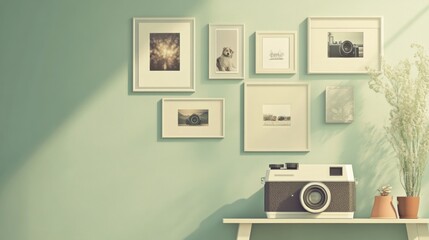 Poster - A stylish interior featuring framed photos, a vintage camera, and decorative plants.