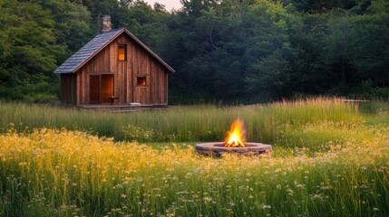 Poster - A serene wooden cabin surrounded by lush greenery and a cozy fire pit.