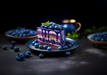Poster - A piece of blueberry cake with blue icing sits on a blue plate with blueberries scattered around it.