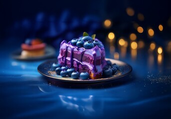 Poster - A single slice of layered purple cake, topped with blueberries and a purple glaze, rests on a plate with scattered blueberries and golden sprinkles against a blue background.