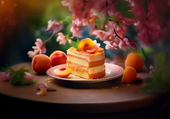 Poster - A slice of layered cake with peach frosting and peach slices sits on a pink plate with whole peaches and pink blossoms in the background.