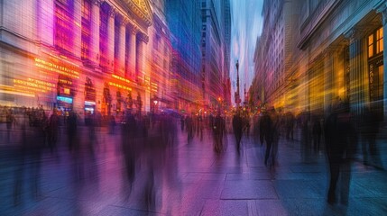 Canvas Print - A blurred city street scene filled with people and vibrant lights, conveying urban energy.