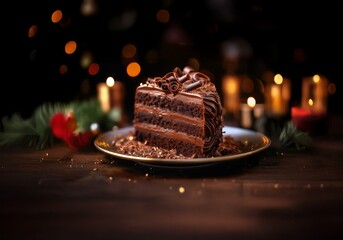 Poster - A single slice of chocolate cake with chocolate frosting on a plate with a dark background with out of focus warm lights.