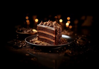 Poster - A single slice of chocolate cake with frosting sits on a black plate sprinkled with gold sprinkles against a dark background.
