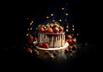 Poster - A chocolate cake topped with strawberries, drizzled with chocolate, on a black background with bokeh lights.