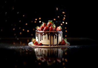 Aufkleber - A chocolate cake with strawberry topping is on a black surface, with golden bokeh in the background.