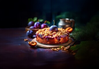 Poster - A plum cake with a crumb topping and a shiny purple glaze sits on a wooden board, surrounded by whole and halved plums.