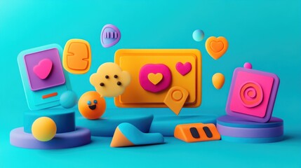 Sticker - Colorful 3D shapes and icons create a playful digital landscape.