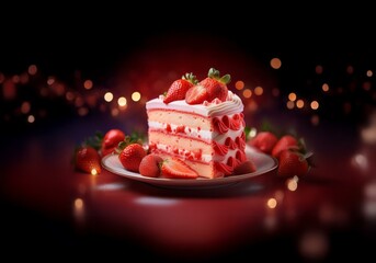 Poster - A slice of strawberry cake sits on a plate surrounded by strawberries and a bokeh of light.