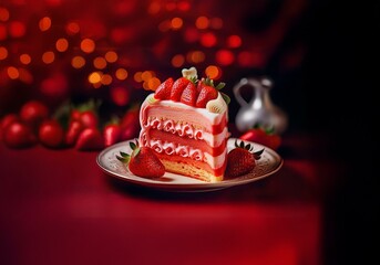 Poster - A slice of strawberry cake on a white plate with red background and blurred lights.