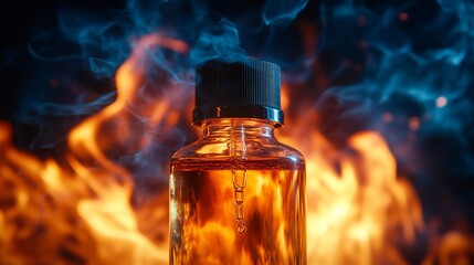 Wall Mural - Glass bottle of amber liquid with wooden cap in front of fire flames and smoke.