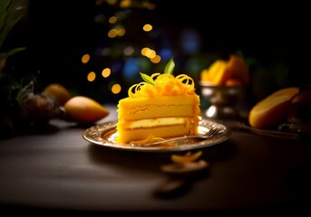 Poster - A slice of yellow cake decorated with mango and a leaf, on a gold plate with a fork next to it.