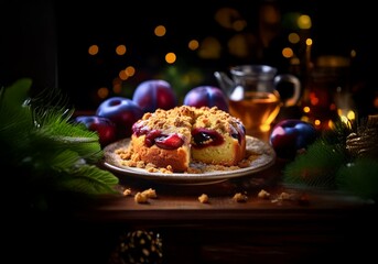 Poster - A slice of fruit cake topped with crumble sits on a plate surrounded by plums and greenery, illuminated by soft warm lights.