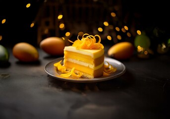 Poster - A slice of layered cake on a plate, with a swirl of mango on top, sits on a black surface with out of focus mango and lights in the background.