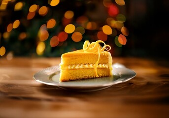 Poster - A slice of cake with orange zest and a creamy filling sits on a white plate against a blurred background of warm lights.