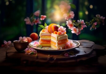 Poster - A slice of cake with peach filling and white frosting is adorned with fresh peach slices and pink flowers on a plate.