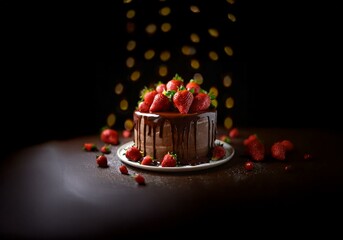 Poster - A decadent chocolate cake with a smooth chocolate glaze and topped with fresh strawberries.